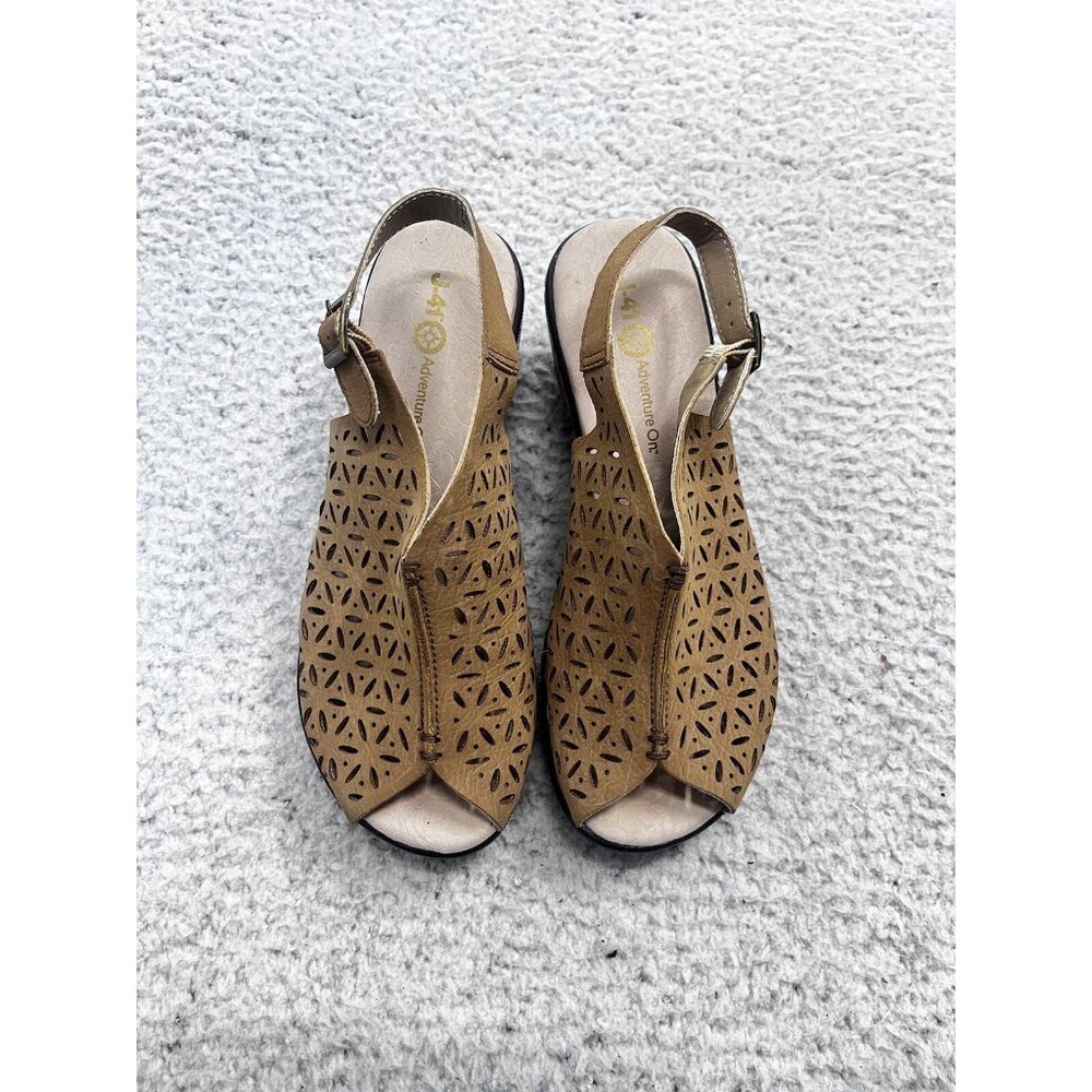 J-41 Adventure On Tan Floral Cut outs Peep Toe Cork Wedge Sandals Size 7 M